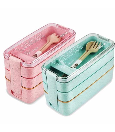 ظرف غذای ارگانیک سه طبقه لانچ باکس با قاشق و چنگال 900 میل Lunch Box