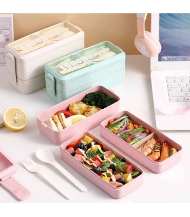 ظرف غذای ارگانیک سه طبقه لانچ باکس با قاشق و چنگال 900 میل Lunch Box